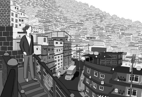 Detailed illustration of young man on staircase looking toward horizon, over cartoon cityscape showing houses and trees on hills. Detailed black and white illustration of apartment buildings and city architecture.