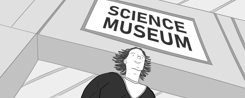 Low angle cartoon of teenager under science museum sign.