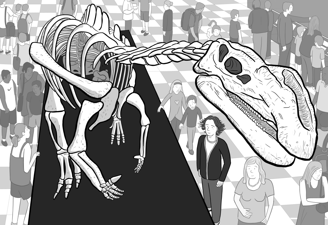 High angle drawing of cartoon dinosaur skeleton, with museum patrons standing beneath looking up.