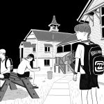 Black and white cartoon of young high school boy with Billabong backpack standing on schoolgrounds, in front of high-set Queenslander style school building.