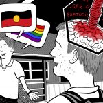 Close view of rear of high school student's head, showing bigoted attitudes entering the boy's brain, as he laughs at racist jokes.