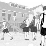 Stark black and white illustration of Australian school students in uniform on schoolyard, wearing backpacks and uniforms in front of Queenslander school building.