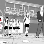 Cartoon scene of school students telling racist jokes on schoolyard.