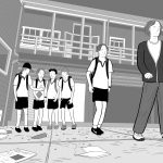 Black and white scene of Australian school student wearing uniform on schoolyard, growing up into adult version of himself. Drawing by cartoonist Stuart McMillen.