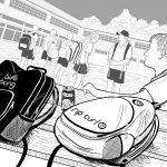 Illustration of Billabong and Rip Curl backpacks of Australian school students on schoolyard table. Cartoon Australian school students walking around playground - black and white drawing.
