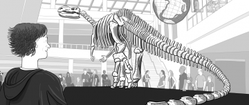 Inconceivable Religion: cartoon Stuart standing near dinosaur skeleton