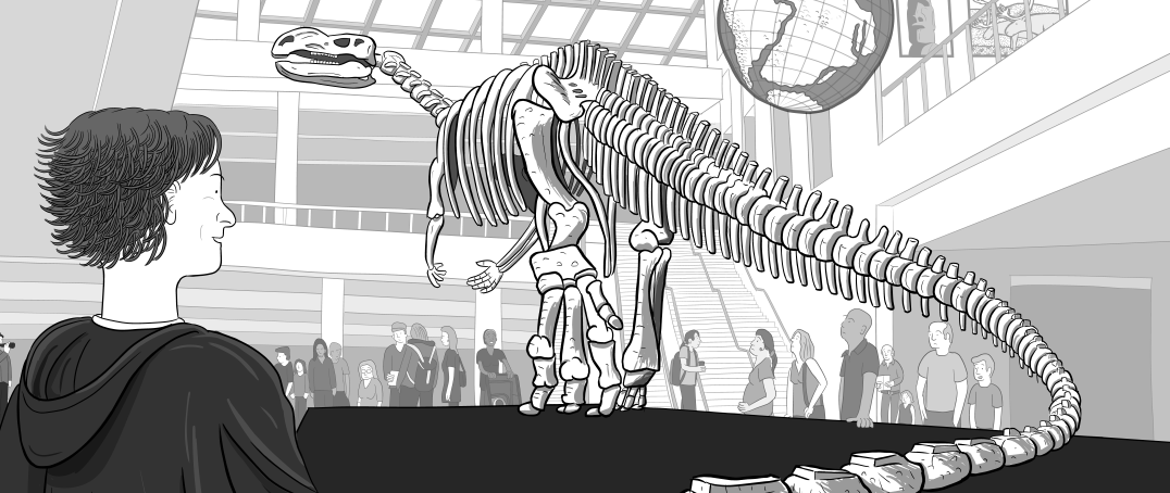 Inconceivable Religion: cartoon Stuart standing near dinosaur skeleton