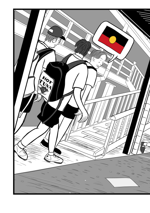 Cartoon Australian school students boys, walking around the school grounds with backpacks. Rear view Dutch angle of schoolboys walking away from viewer, talking to each other.