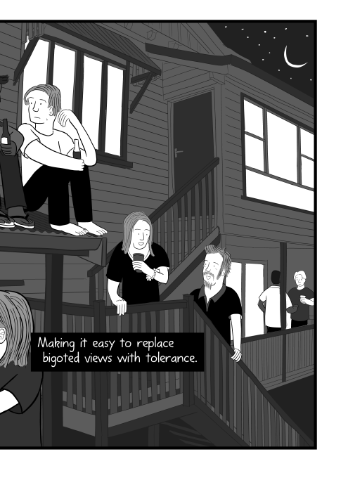 People arriving to a night time house party in a Queenslander house - cartoon illustration. Making it easy to replace bigoted views with tolerance.