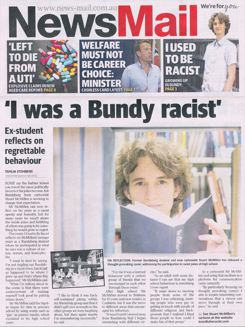 NewsMail article about Bundy High cartoon I Used to Be Racist by Bundaberg cartoonist Stuart McMillen