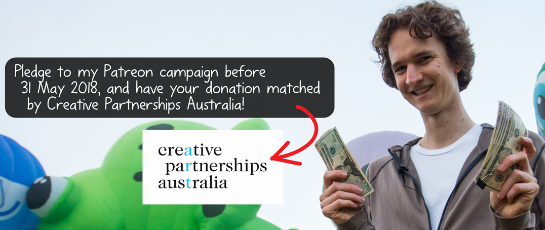 Screenshot of Stuart McMillen promoting 2018 crowdfunding campaign - Match Lab 2018 by Creative Partnerships Australia