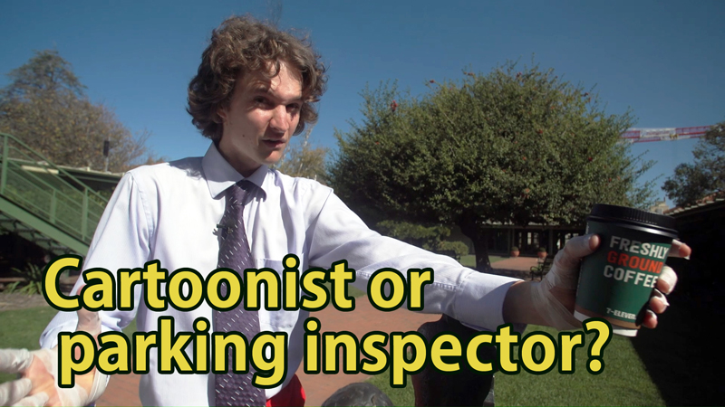 Screenshot from Stuart McMillen's second 2018 crowdfunding video: parking inspector.