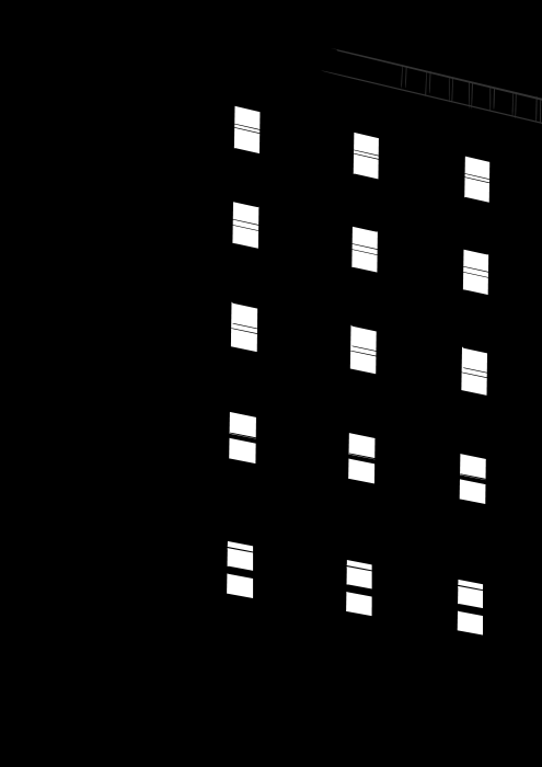 Black building at night time with windows illuminated. Line art drawing.