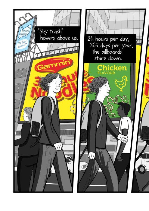 Cartoon of pedestrians walking in front of a building dominated by large billboards.