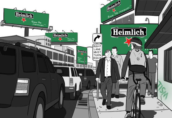 Illustration of street scene with cyclist riding along sidewalk beside banked up traffic, underneath large billboards. Cartoon of urban scene with pedestrians and bicycle rider near busy road.