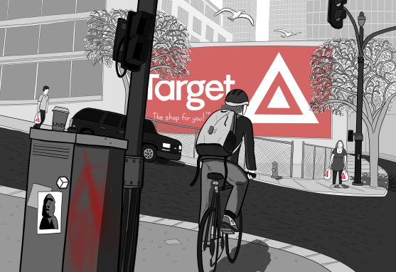 Drawing of a cyclist waiting at a set of traffic lights, waiting for the cross signals to change. Across the road, a large Target billboard dominates the wall of a building.