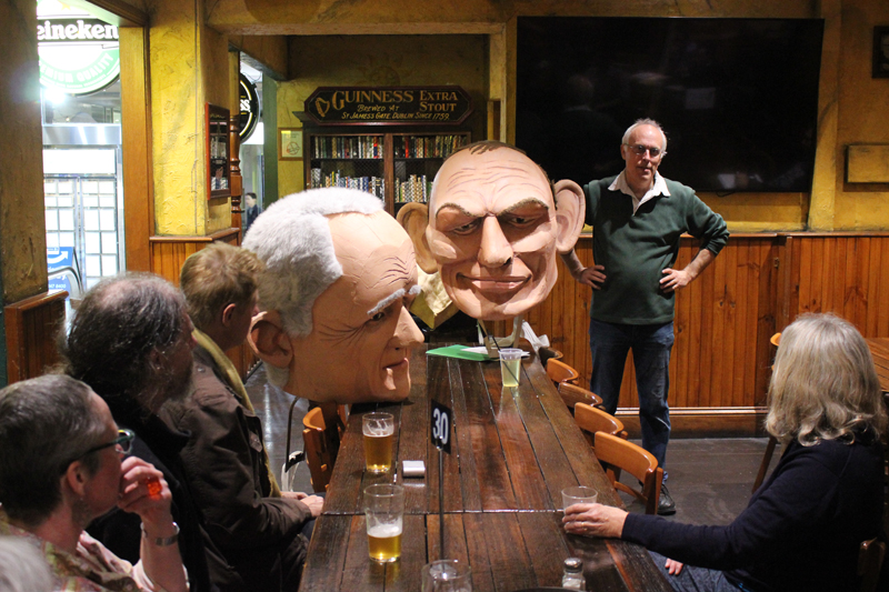Real Big Malcolm and Real Big Tony puppet heads with Matthew Armstrong at Green Drinks Canberra