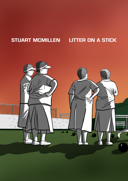 Litter on a Stick by Stuart McMillen. Cartoon rear view of elderly women in lawn bowls whites, looking towards the horizon.