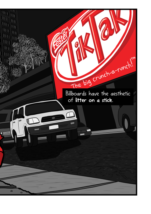 Cartoon large Kit Kat billboard behind downtown urban road illustration. Billboards have the aesthetic of litter on a stick.