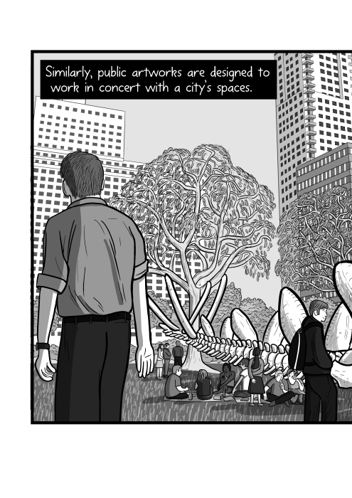 Rear view of cartoon man in downtown city park, showing trees and skyscraper buildings. Similarly, public artworks are designed to work in concert with a city’s spaces.