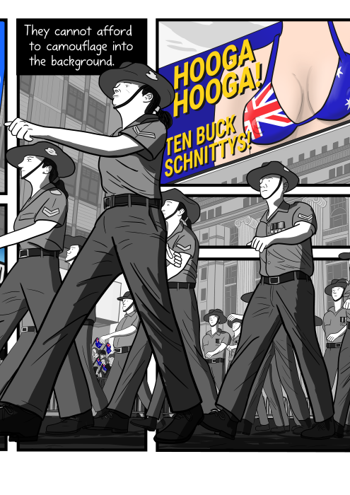 Cartoon drawing of female soldiers marching on Anzac Day parade, with billboard behind showing breasts in a bikini. 