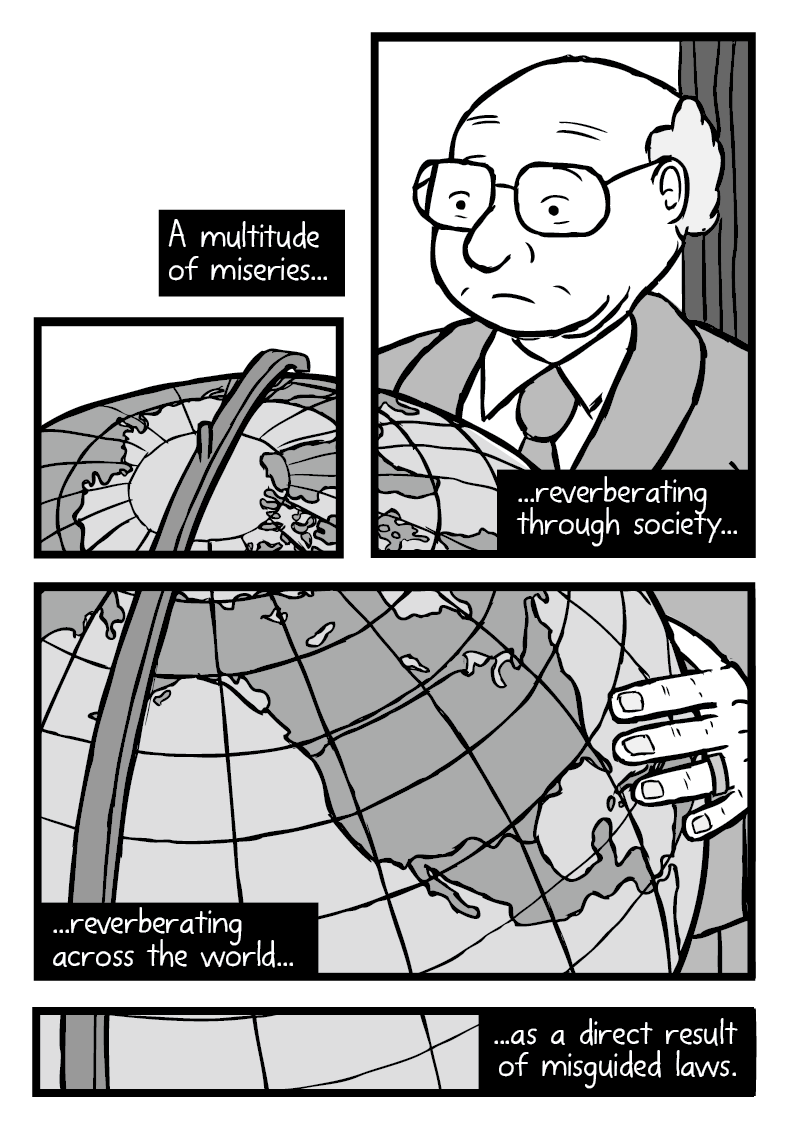 Comics art of one scene broken into multiple panels: man standing at globe of Earth, showing North America prominently.