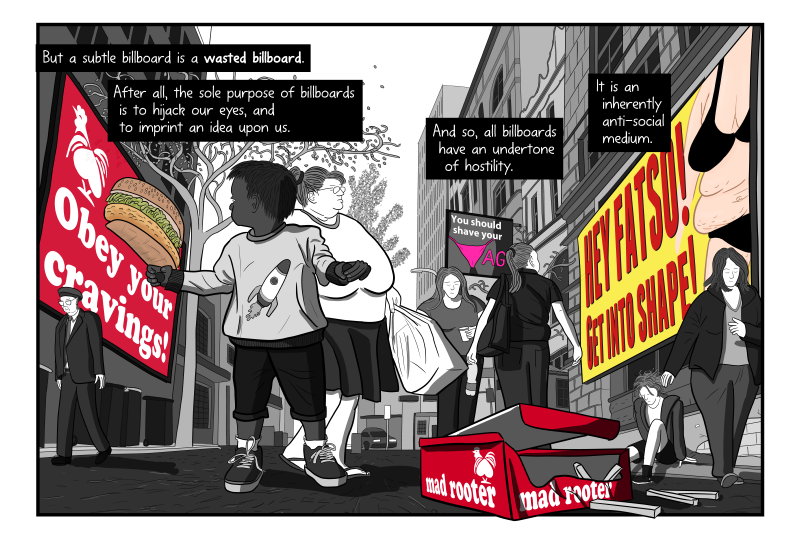 Unbroken artwork from "Litter on a Stick" showing Red Rooster chicken parody "Mad Rooter". Artwork as one scene without panel borders.