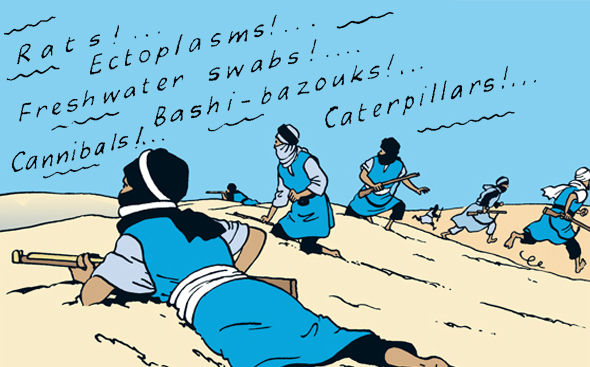 Hergé's favourite panel from The Crab With the Golden claws featuring a man running away across the sand dunes