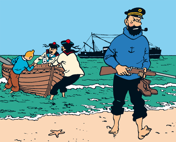 Hergé's favourite panel from Red Rackham's Treasure, featuring Tintin landing on the beach with a boat, and Captain Haddock walking ashore with a rifle.
