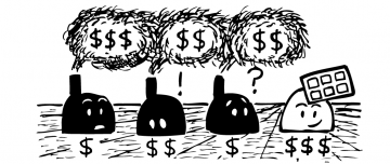 Cartoon factories with pollution and dollar signs.