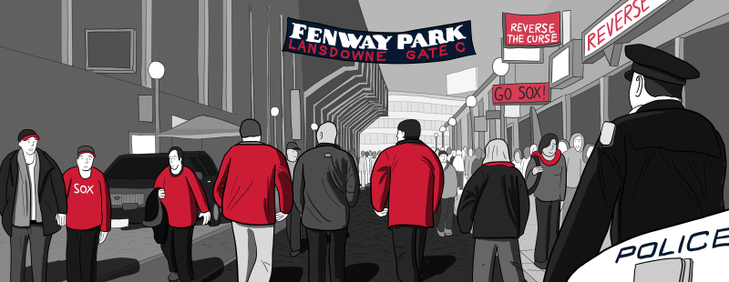 Cartoon illustration of baseball fans entering Fenway Park via Lansdowne Street ahead of Red Sox game