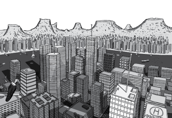 Detailed illustration of city skyscrapers from building top. Cartoon skyline with mountain range behind the city.