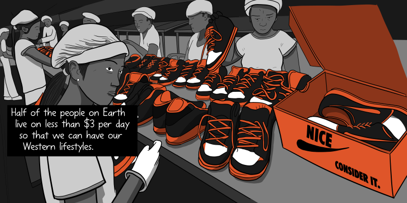 Woman working in a sweatshop, putting Nike shoes into a box - cartoon drawing. Half of the people on Earth live on less than $3 per day so that we can have our Western lifestyles.