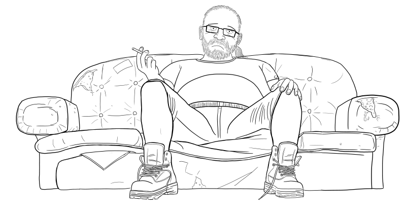 Draft cartoon of overweight man with glasses unemployed sitting on sofa