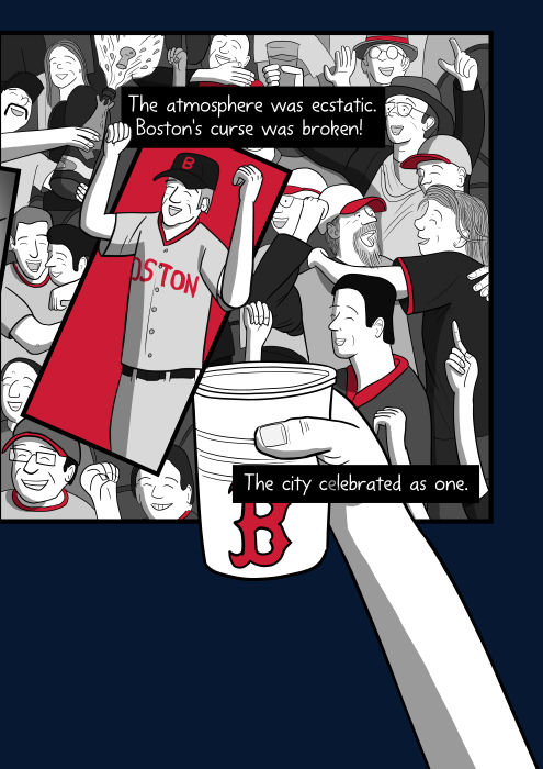 The atmosphere was ecstatic. Boston's curse was broken! The city celebrated as one. Cartoon baseball fans celebrating in stadium stand.