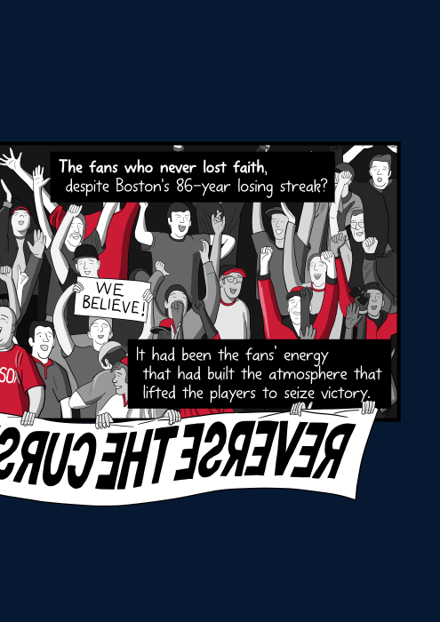 Cheering, celebrating fans at baseball game in stands. The fans who never lost faith, despite Boston's 86-year losing streak? It had been the fans’ energy that had built the atmosphere that lifted the players to seize victory.