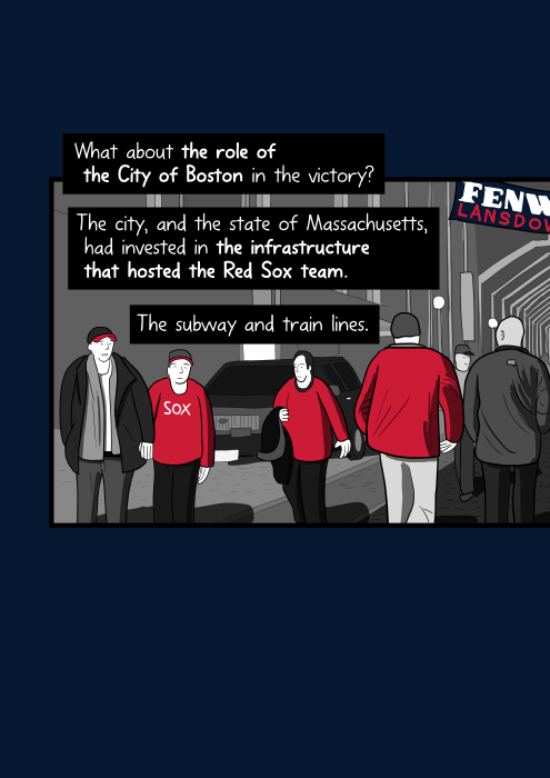 Red Sox fans entering baseball stadium. What about the role of the City of Boston in the victory? The city, and the state of Massachusetts, had invested in the infrastructure that hosted the Red Sox team. The subway and train lines.