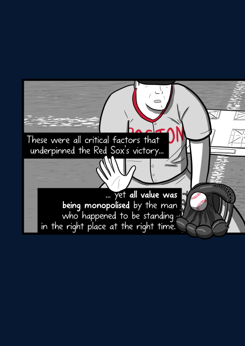 High angle baseball infielder catching ball in glove. These were all critical factors that underpinned the Red Sox’s victory, yet all value was being monopolised by the man who happened to be standing in the right place at the right time.