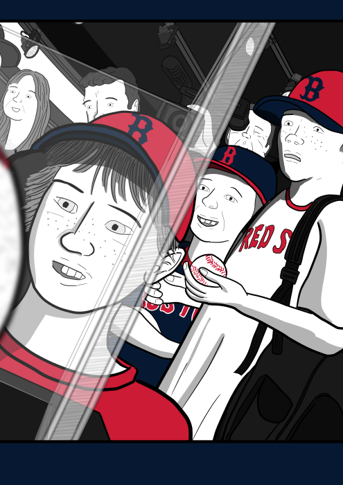 Cartoon drawing of faces of amazed young boys in baseball uniforms. Excited baseball fans staring at autographed baseball souvenir memorabilia.