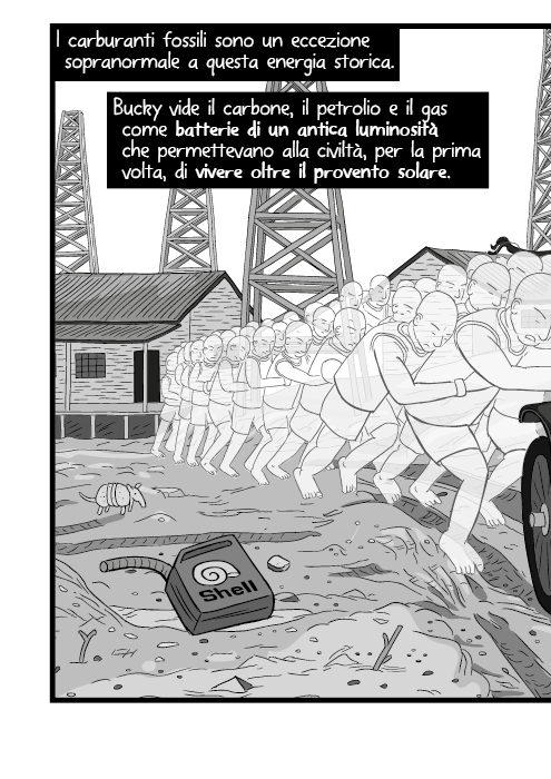 I carburanti fossili sono un eccezione sopranormale a questa energia storica. Bucky vide il carbone, il petrolio e il gas come batterie di un antica luminosità che permettevano alla civiltà, per la prima volta, di vivere oltre il provento solare.