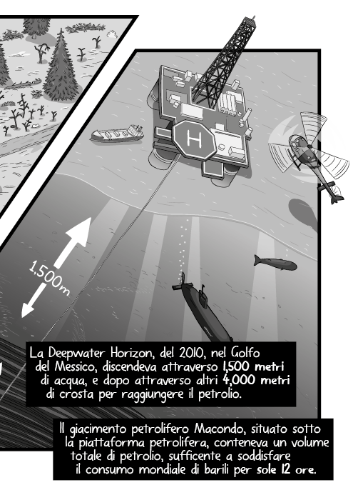 La Deepwater Horizon, del 2010, nel Golfo del Messico, discendeva attraverso 1,500 metri di acqua, e dopo attraverso altri 4,000 metri di crosta per raggiungere il petrolio. Il giacimento petrolifero Macondo, situato sotto la piattaforma petrolifera, conteneva un volume totale di petrolio, sufficente a soddisfare il consumo mondiale di barili per sole 12 ore.