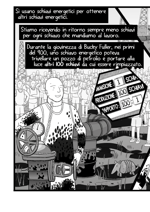 Si usano schiavi energetici per ottenere altri schiavi energetici. Stiamo ricevendo in ritorno sempre meno schiavi per ogni schiavo che mandiamo al lavoro. Durante la giovinezza di Bucky Fuller, nei primi del 900, uno schiavo energetico poteva trivellare un pozzo di petrolio e portare alla luce altri 100 schiavi da cui essere rimpiazzato.