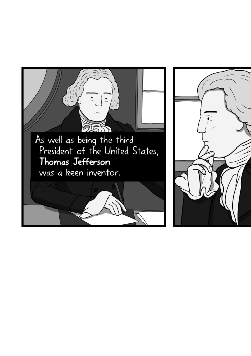 Cartoon of Thomas Jefferson writing at his desk. As well as being the third President of the United States, Thomas Jefferson was a keen inventor.