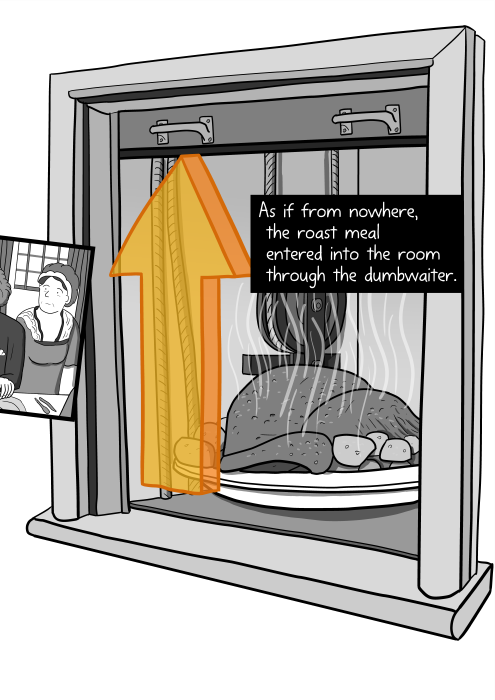 Cartoon dumbwaiter opening up to reveal a steaming roast meal inside. As if from nowhere, the roast meal entered into the room through the dumbwaiter.