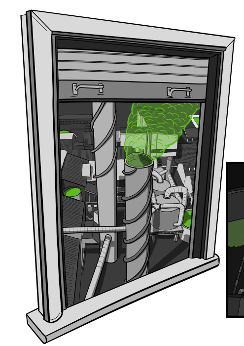 Cartoon factory chimneys emitting pollution - green coloured smoke billowing from smokestack. Comics art of industrial pollution inside dumbwaiter door.