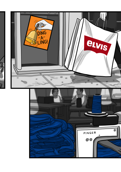 Logo parody of Levi's jeans: Elvis jeans - on a shopping bag being carried by a shopper on the street.