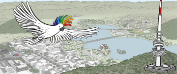 Rainbow-crested cockatoo above aerial view of Canberra illustration
