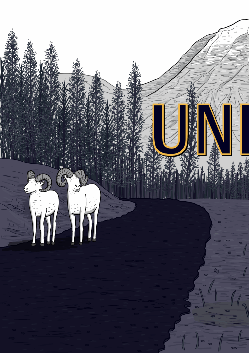 Unitel comic by Stuart McMillen. Cartoon sheep standing on a mountain road near trees.