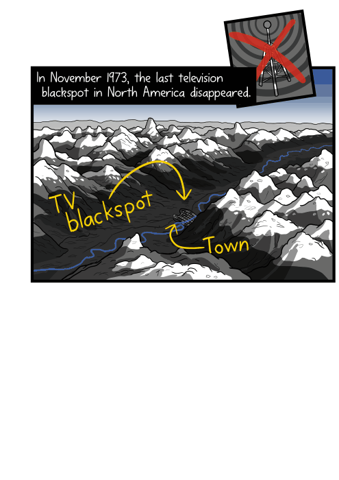 Cartoon high angle view of town inside deep mountain valley drawing. In November 1973, the last television blackspot in North America disappeared.