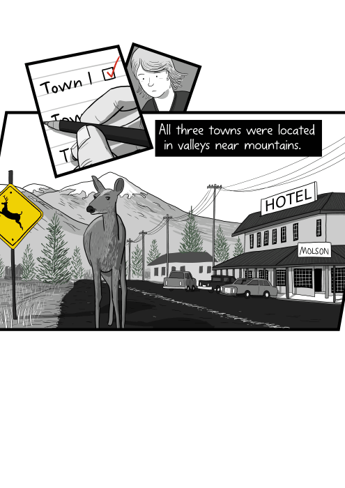 All three towns were located in valleys near mountains. Drawing of deer standing on road in small mountain town.